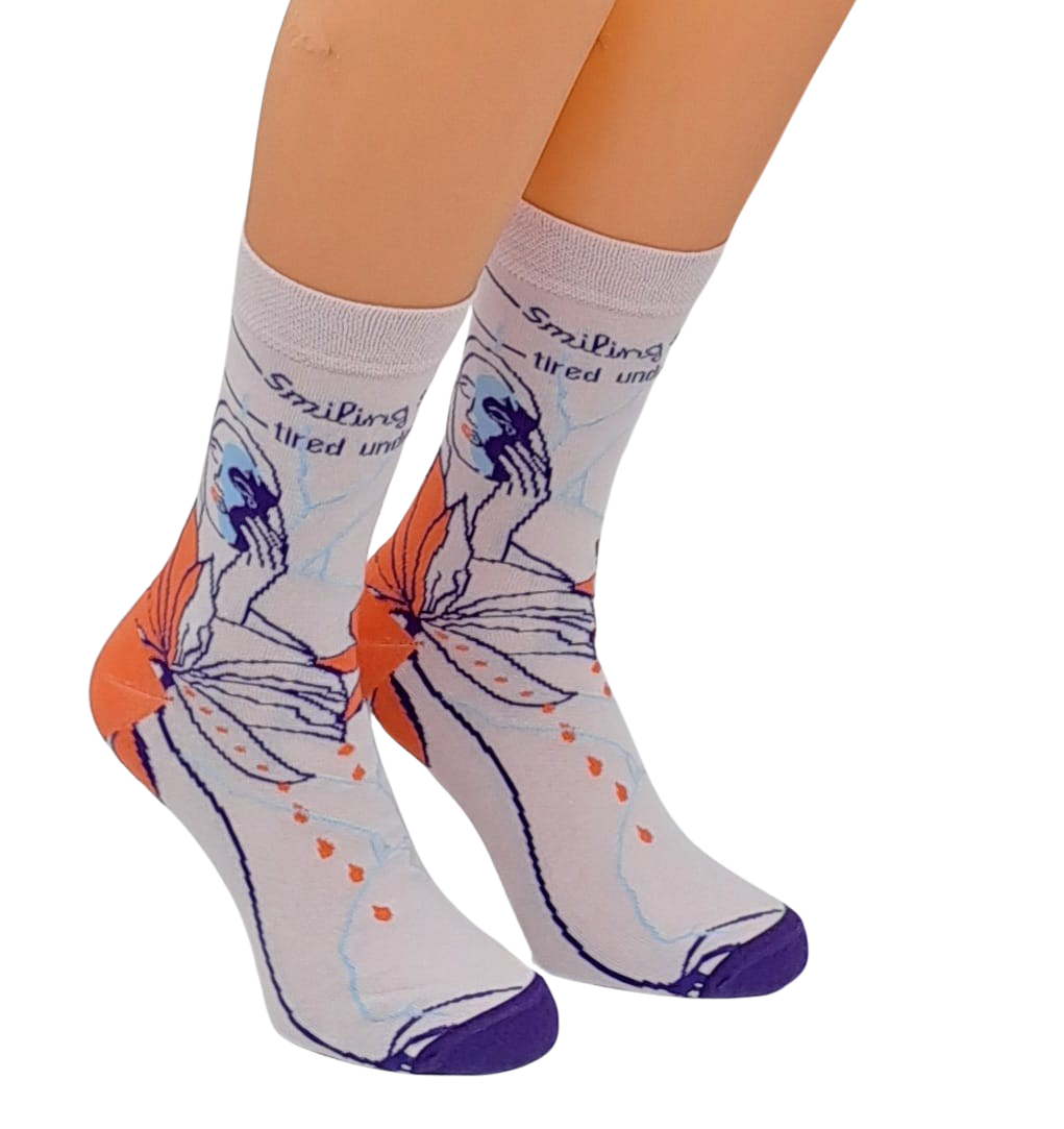 Masking Mode Socks – Smiling Outside, Tired Underneath | Neurodivergent-Inspired Art Socks