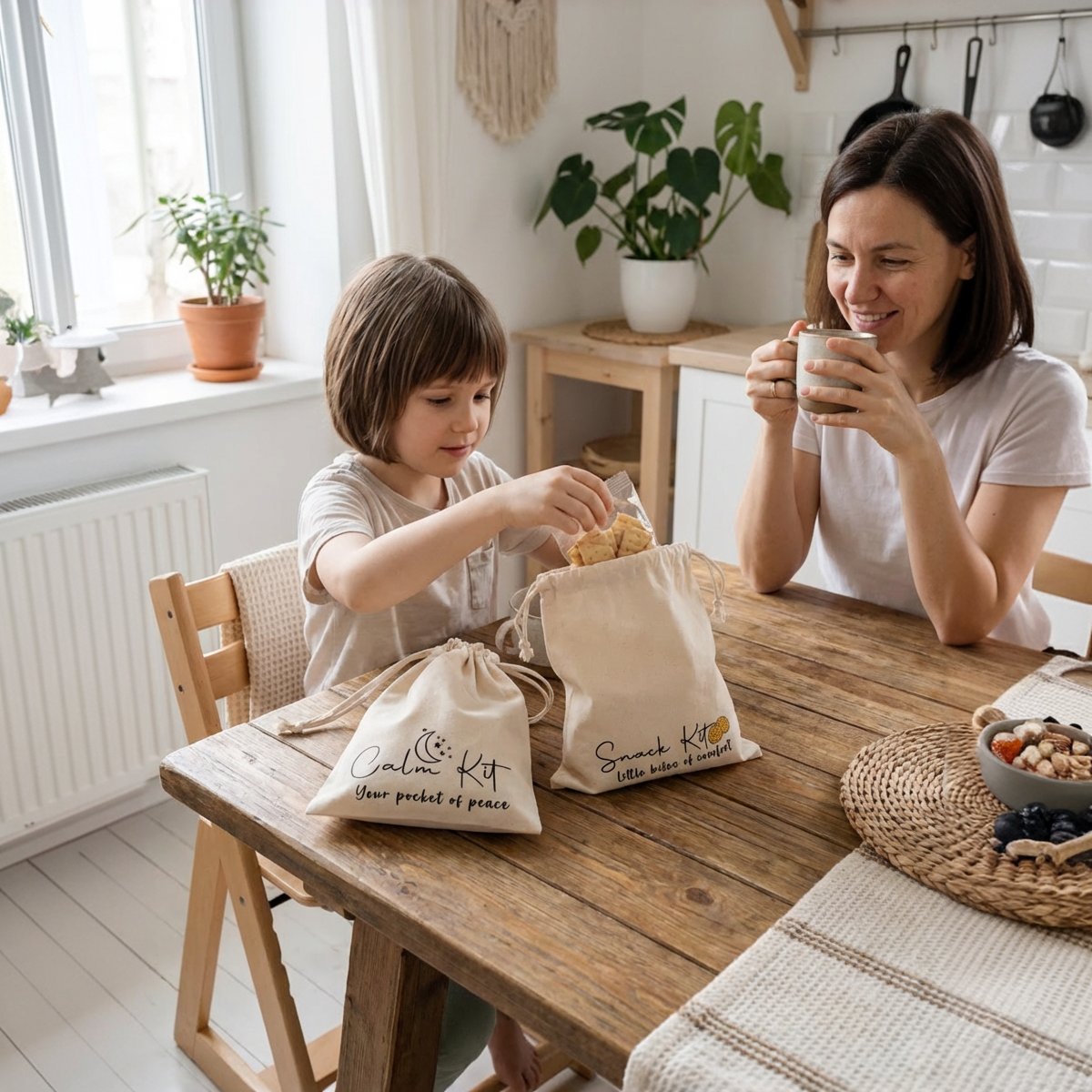 Everyday Balance Set includes two cotton storage pouches – the Calm Kit and the Snack Kit (24 × 29 cm)
