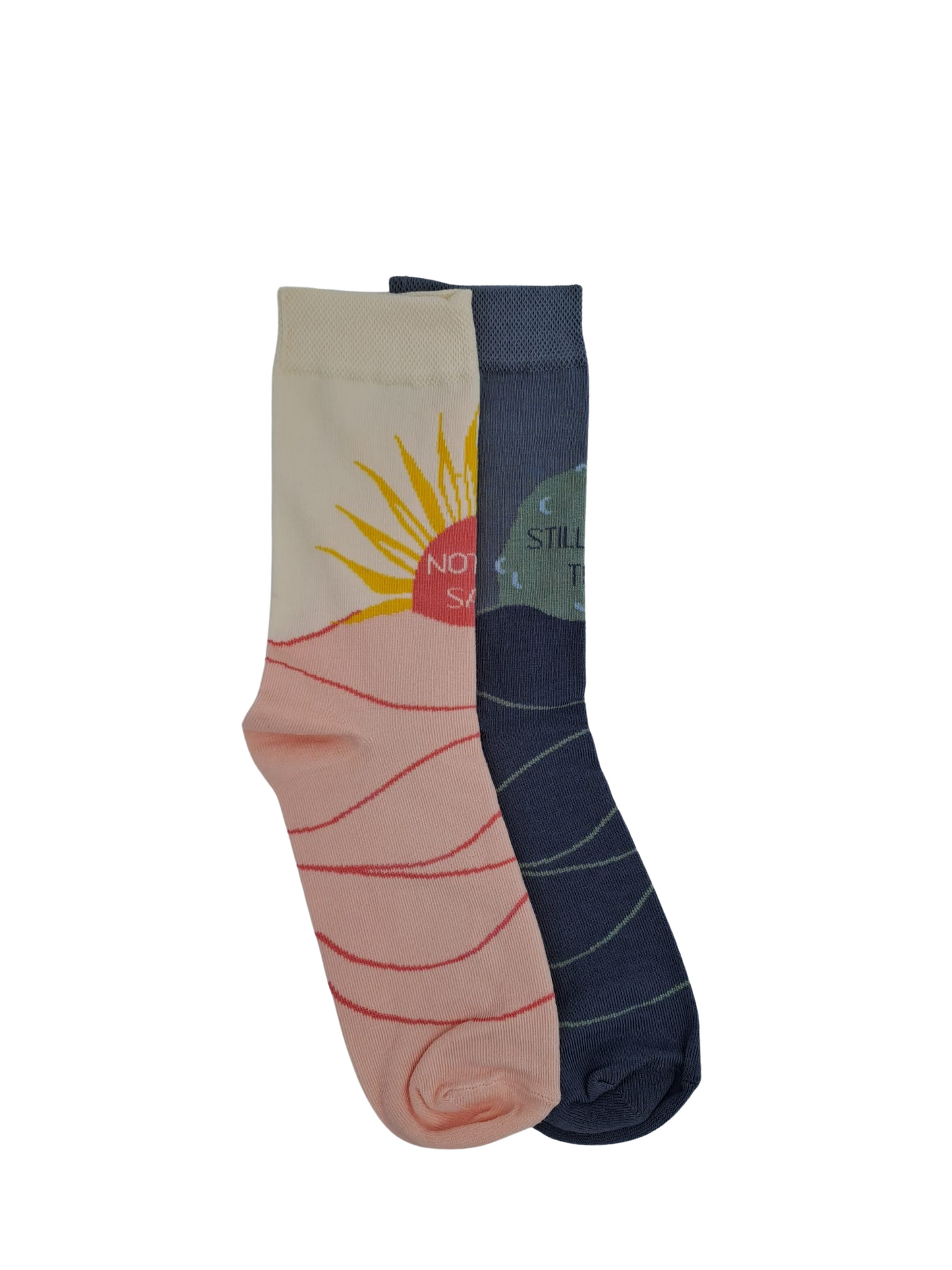 Belong Mode socks laid flat on a surface, full view of the sock design and colors